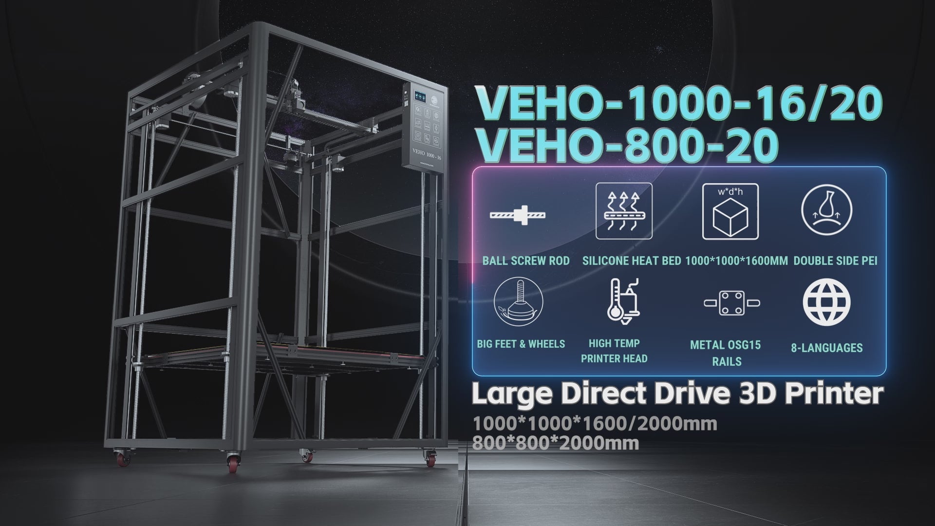 VEHO-800-20 Großer 3D-Drucker mit Direktantrieb, 800 x 800 x 2000 mm